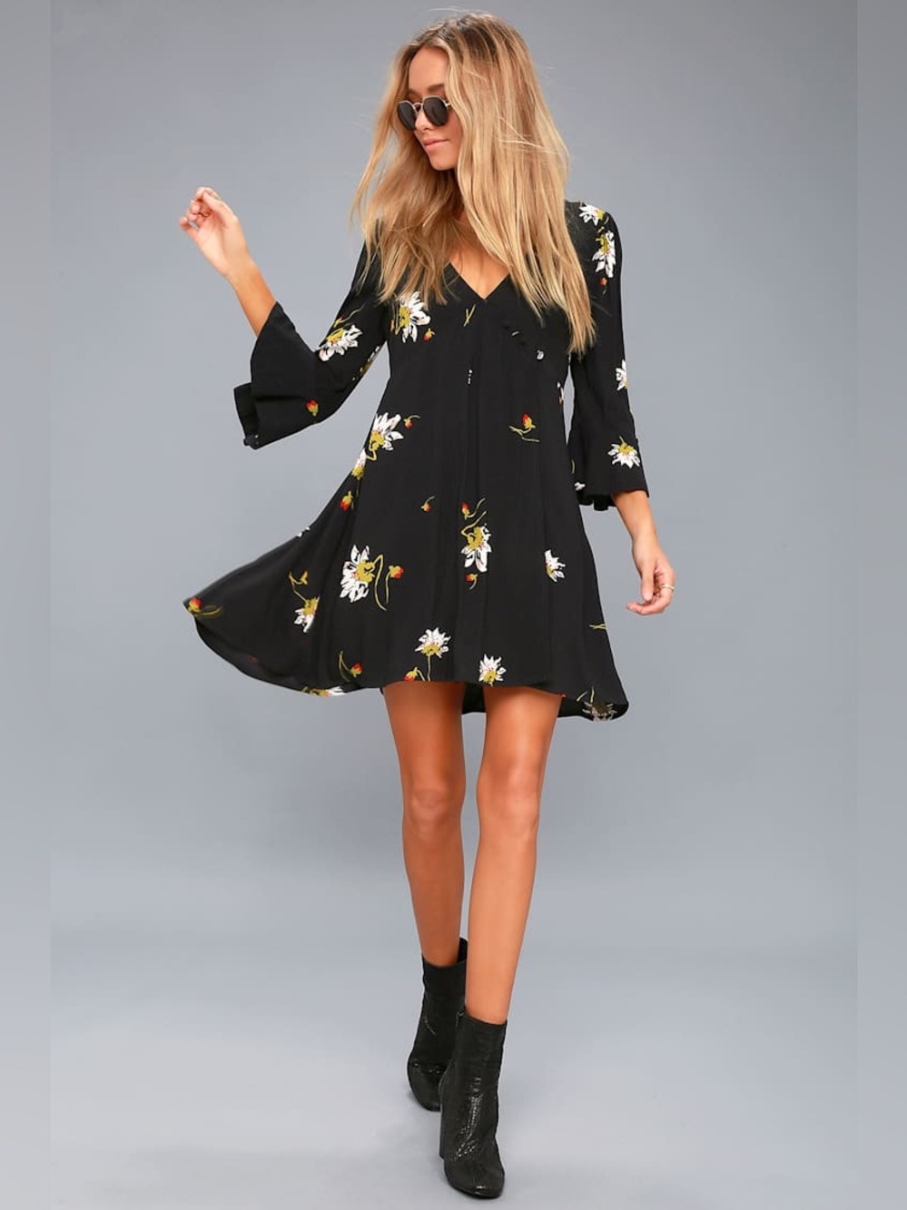 Free People Time On My Side Black Floral Print Wrap Dress Size XS 1034